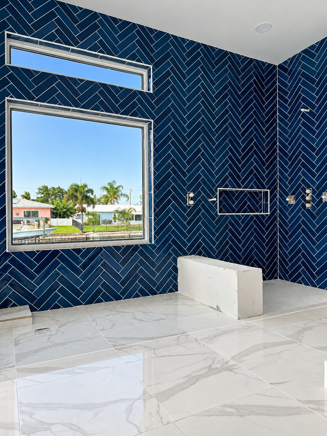 Blue herringbone shower